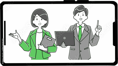 スマートフォン画面に映るビジネスパーソンの男女 オンライン相談