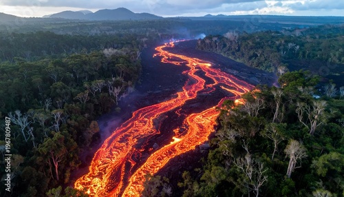 Dramatic Aerial View of Fiery Lava Flow Through Lush Green Forest.