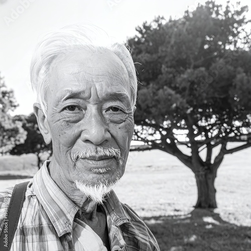 Elderly Asian Man with Goatee in Park Setting.