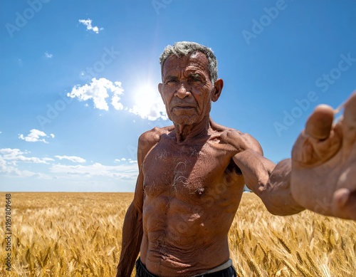 Elderly Farmer in Wheat Field Under Blue Sky.