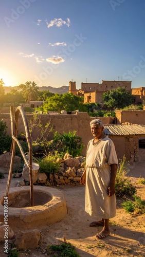 Elderly Moroccan man stands by a traditional well in a rural village at sunset, showcasing local life and architecture.
