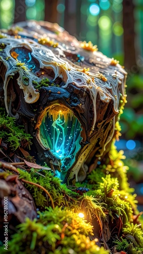 Enchanted Forest Dwelling with Glowing Entrance and Mossy Surroundings.