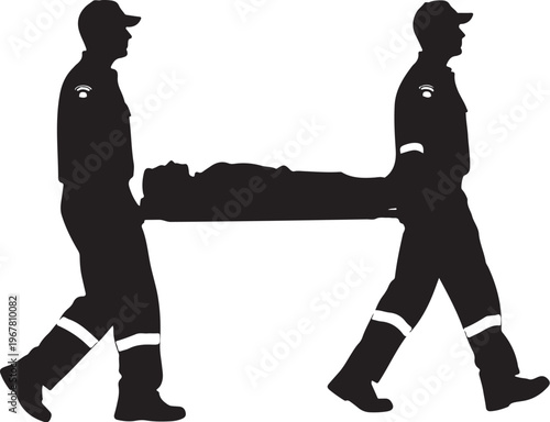 Two emergency responders carrying a stretcher with a patient