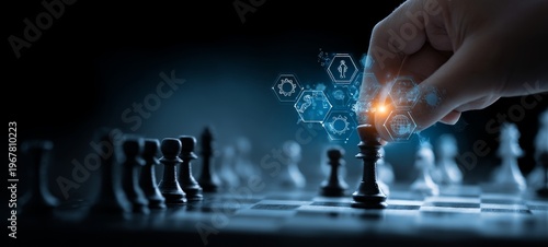 Hand Moving Chess Piece with Futuristic Digital Strategy Icons, Business Competition and Planning Concept, Elegant Advertising Layout with Copy Space for Corporate Messaging