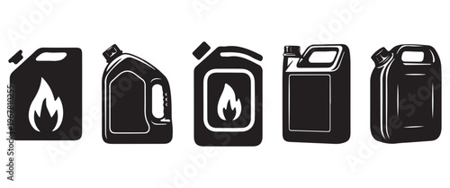 Jerry Can Icon Set – Black Fuel, Oil and Chemical Container Vector Icons Isolated on White Background
