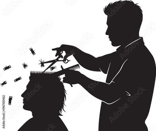 Silhouette of barber cutting hair with scissors and comb