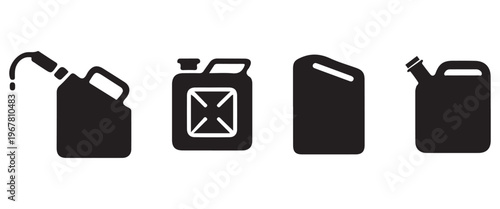 Jerry Can Icon Set – Black Fuel, Oil and Chemical Container Vector Icons Isolated on White Background