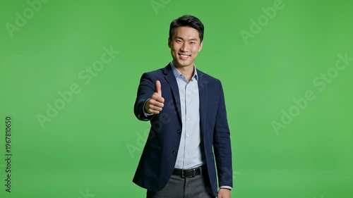 Smiling businessman in formal suit in front of green screen