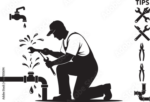 Plumber kneeling fixing pipe with wrench and water spraying