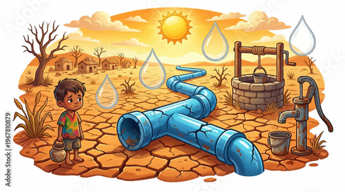 Illustration of a young boy in a cracked desert landscape representing water scarcity with broken pipes, dry wells, and a hot sun under a bright orange sky.