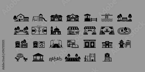 line icon collection of urban neighborhood infrastructure including houses, parks, schools, playgrounds, mosques, shops, hospitals, and community public service facilities.