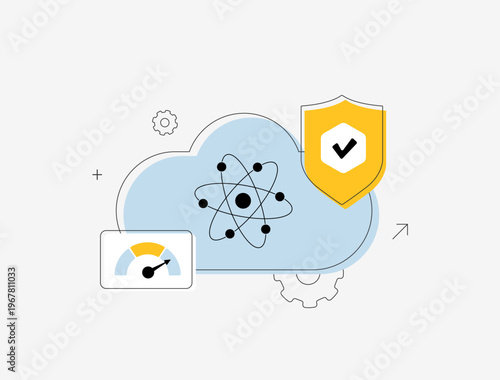 Quantum cloud security shield, trusted ai data processing infrastructure, hybrid quantum cloud performance monitoring concept, isolated modern outline linear vector illustration