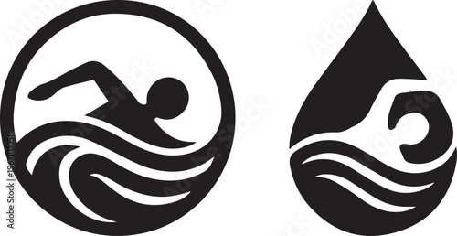 Minimalist Swimming Icons Set with Swimmer in Circle and Water Drop Silhouette