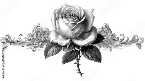 Elegant black and white line art page divider with single rose and baroque ornamental swirls, symmetrical decorative vector design