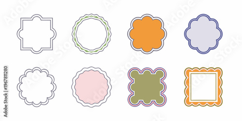 Collection of eight decorative colorful frame shapes on a white background