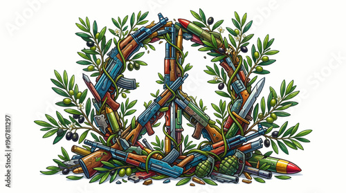 A powerful conceptual illustration of a peace sign symbol meticulously constructed from military weapons like rifles and grenades intertwined with olive branches.