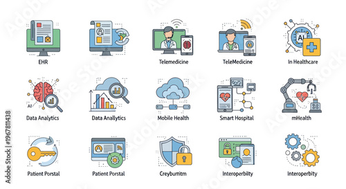 Healthcare Technology Icons: AI, Telemedicine, Data Analytics, Mobile Health, Cybersecurity