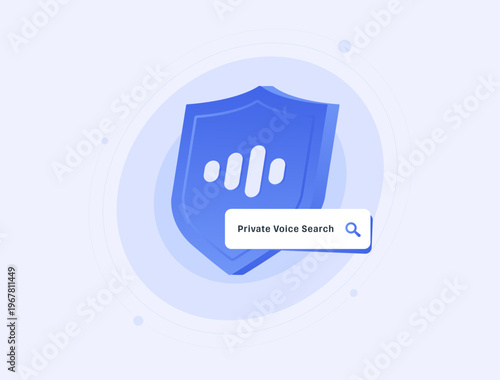 Private voice search privacy shield, secure speech recognition protection, anonymous voice query interface, data protection concept. Private voice recognition modern design vector illustration