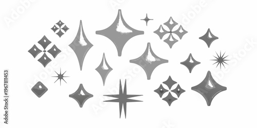 Collection of abstract sparkling star shapes in grayscale tones