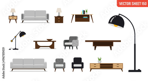 Modern Furniture Set: Sofa, Armchair, Tables, Lamps & Floor Lamp - Flat Vector Icons