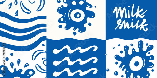 Stylized blue and white illustration of splashing and flowing milk