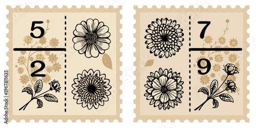 Vintage style postage stamps featuring floral designs and numerical values