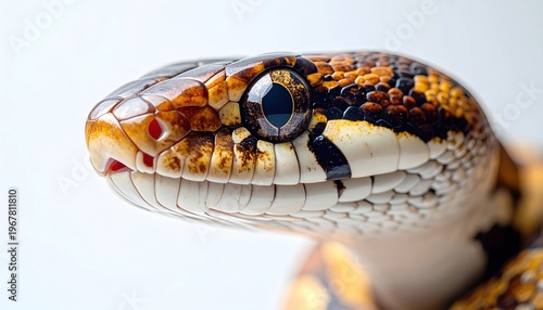 Close-up of a snake's head with detailed scales and an intense gaze against white
