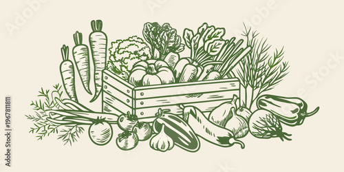 A bountiful harvest of fresh vegetables spilling from a wooden crate