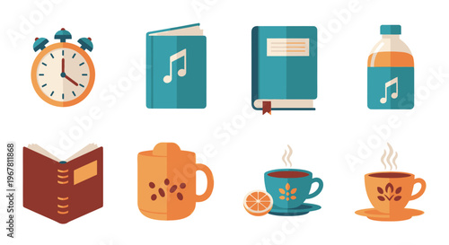 Study Time: Books, Alarm Clock, Coffee, and Music Notes Icon Set