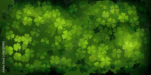 A dense pattern of vibrant green four leaf clovers fills the frame