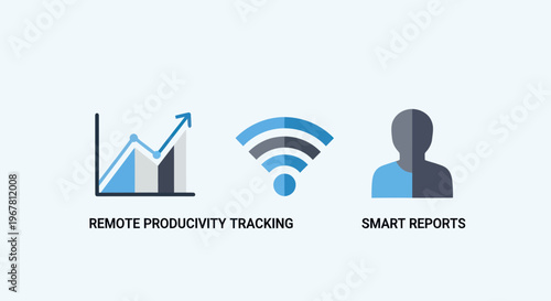 Remote work productivity tracking and smart reports icons with graph, wifi and user silhouette