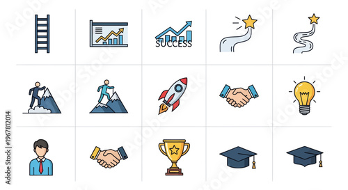 Business Success Icons: Growth, Achievement, Strategy, Teamwork, Innovation