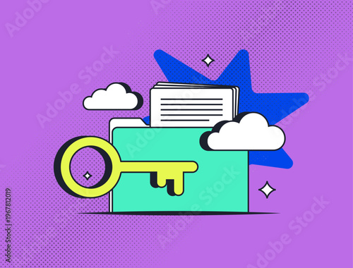 Secure cloud document access key, encrypted file folder protection, private data vault authentication, digital storage security cloud concept, bold vibrant vector illustration