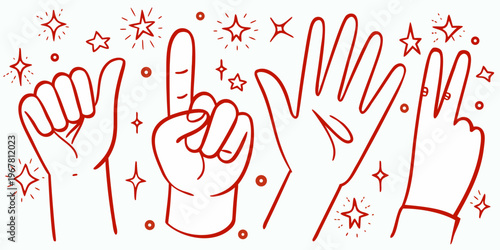 Red line art illustration of multiple hands making different gestures