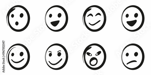 Collection of hand drawn black and white smiley face expressions