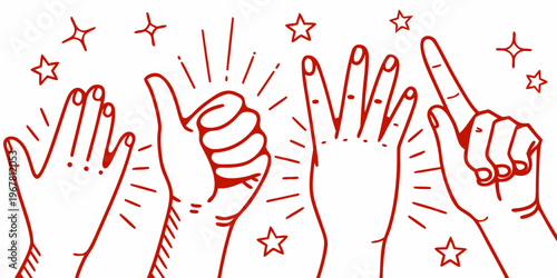 Red line drawing of multiple hands gesturing and sparkling stars