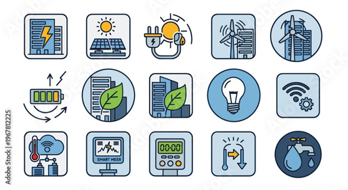 Smart City Icons: Renewable Energy, Technology, Sustainability, IoT, Green Living