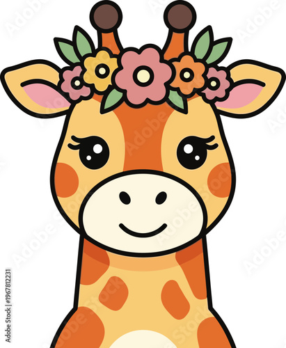Cartoon giraffe with flower crown.