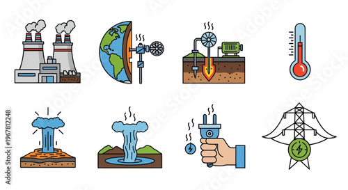 Geothermal Energy Production Icons: Power Plant, Earth Core, Wells, Thermometer, Eruption
