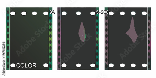 Three frames of damaged color film with sprocket holes and text