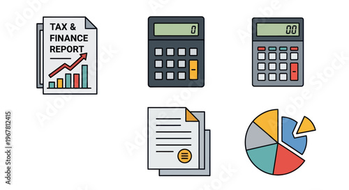 Business Finance and Tax Report Icons: Calculator, Pie Chart, Document, Analytics