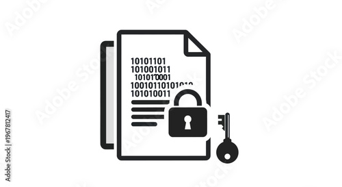 Digital Document Security: Binary Code, Padlock, and Key Icon