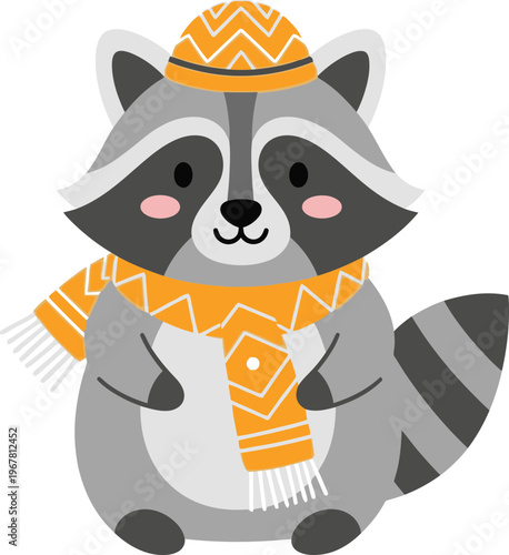 Raccoon Wearing Scarf and Hat.