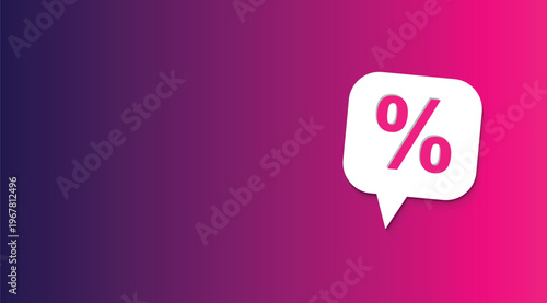 Percentage symbol in speech bubble on purple gradient background, discount offer icon for retail marketing, sale promotion vector banner