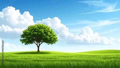 A lush green tree stands on a verdant hill beneath a bright blue sky filled with puffy clouds