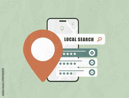 Mobile local search results interface, nearby business rating review list, smartphone geolocation discovery tool, hyperlocal map pin. Local search optimization concept, modern seo vector illustration.
