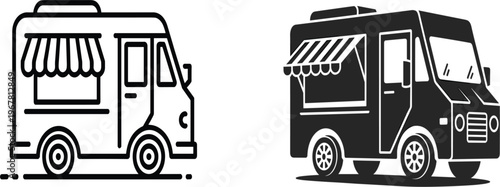 Food truck vector icon set, street food van illustration, fast food delivery vehicle, mobile restaurant
