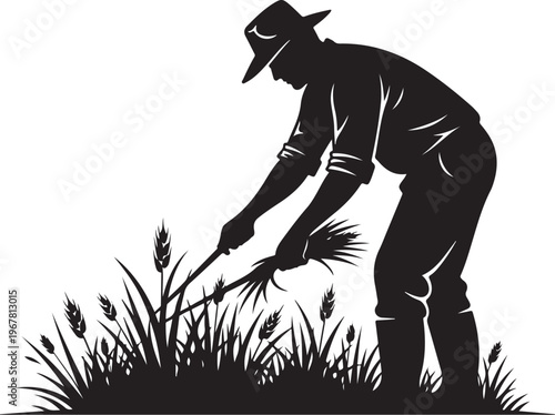 Black silhouette of man harvesting wheat with sickle