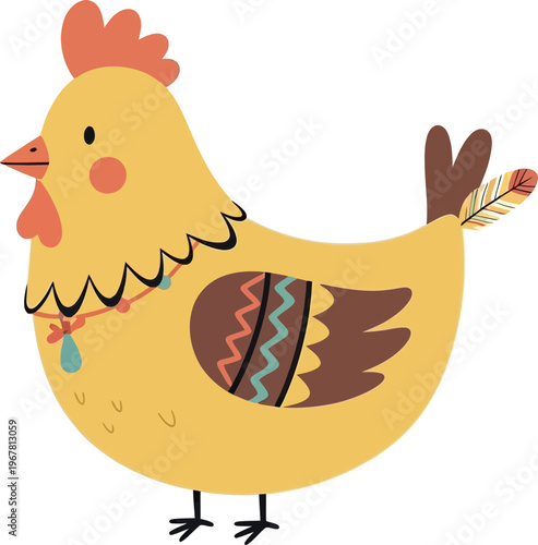 Colorful cartoon chicken with accessories.