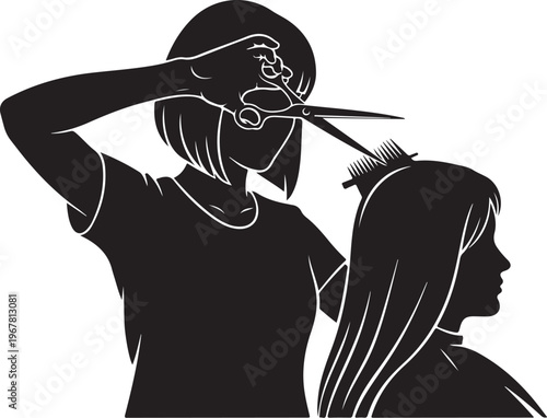 Black silhouette of hairdresser cutting woman's hair